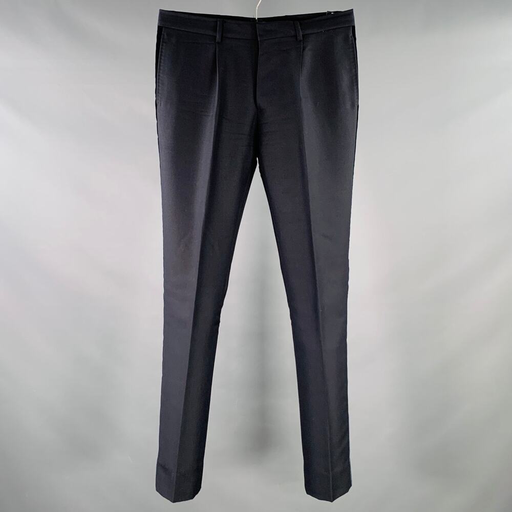 VALENTINO Size 32 Navy Wool Mohair Velvet Stripe Pleated Button Fly Dress Pants